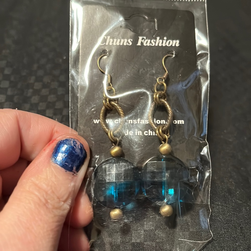 Blue and bronze dangle earrings